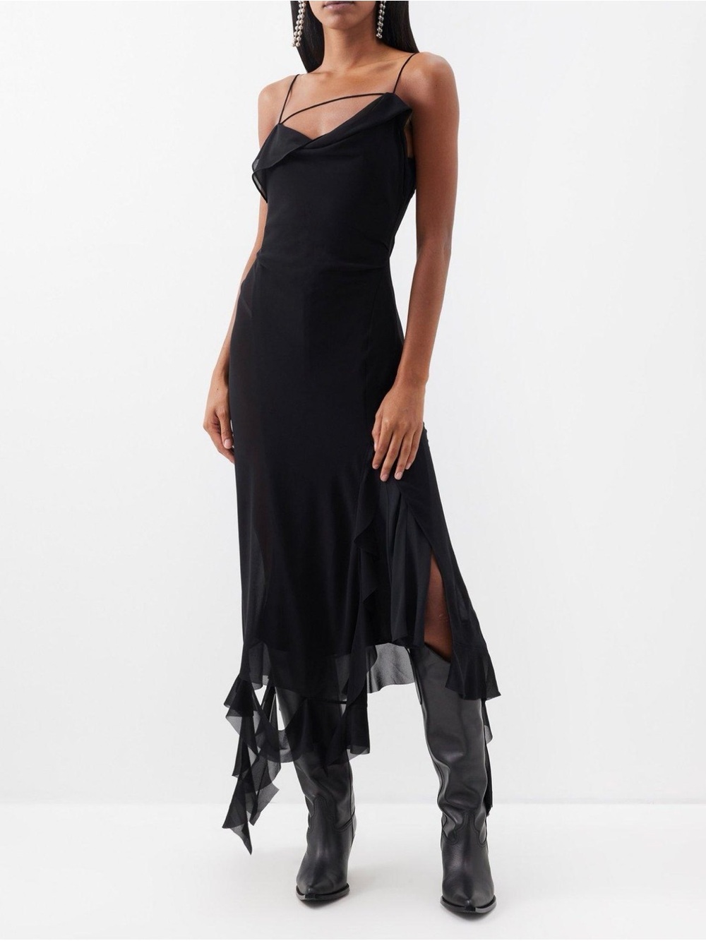 Acne Asymmetrical Black Slip Dress with Draped Ruffle Hem